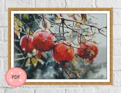 Pomegranate On Branch Cross Stitch Pattern , Winter Fruits , Pdf Instant Download,Full Coverage