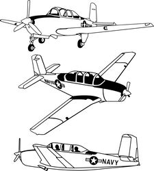 Beechcraft T-34 Mentor Vector File Fighter jet Black white vector outline or line art file for cnc laser cutting, wood,