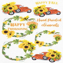 Sunflower clipart: "SUNFLOWER WREATHS" Thanksgiving clipart Happy Fall Retro Truck Autumn Wreaths Fall clipart Harvest S