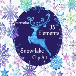 Watercolor Snowflakes clipart: ""CHRISTMAS CLIPART"" Winter clipart Watercolor deer Holiday Clipart Christmas cards Blu