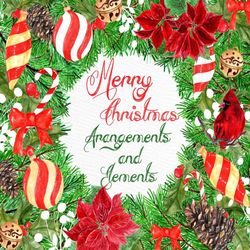 Watercolor Christmas clipart: "CHRISTMAS ORNAMENTS" Poinsettia flowers Holiday Clipart Season Clipart DIY invites Christ