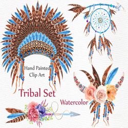 Watercolor tribal clipart: "TRIBAL CLIP ART" dreamcatcher headdress Boho clipart arrows feathers Diy clipart indian clip