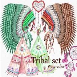 Watercolor tribal clipart: "TRIBAL CLIP ART" dream catcher tepee tent indian clip art wedding clip art invitatinos clip