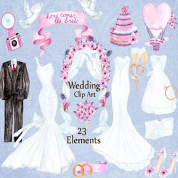 Wedding Dress Clipart: "WEDDING CLIPART SET" Bridal Shower Wedding Cake Ring shoes Bouquet Clip Art Dresses Graphics tux