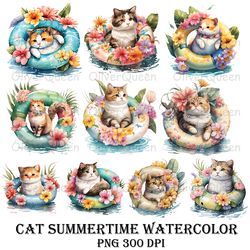 Cat Summertime Watercolor Art, Cat Watercolor PNG, Cat Watercolor PNG