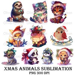 Xmas Animals Sublimation Art, Animals Watercolor PNG, Christmas PNG