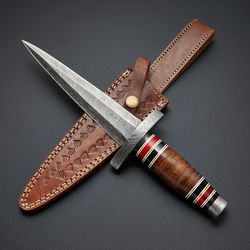 dagger knife, hand forged damascus steel dagger hunting knife with leather sheath gift knife hunting knife mk3665m