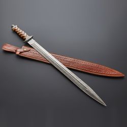 Custom hand forged Damascus steel Viking swords with leather sheath wedding gift sword mk3676m