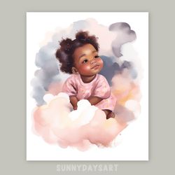 Cute black girl poster, cute sleepy black baby girl, pink nursery decor, printable, watercolor art for children room