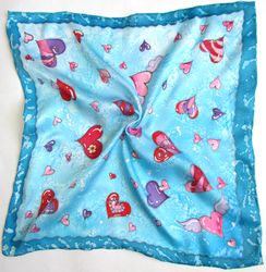 Blue silk scarf with hearts. Square silk scarf hand-painted.