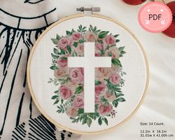 Cross Stitch Pattern,Christian Cross With Roses, Religious X Stitch Chart,Watercolor,Pdf,Instant Download