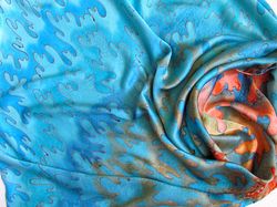 Blue and coral scarf hand-painted. Square silk scarf design two in one.