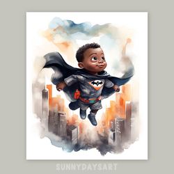 Cute black boy poster, cute black baby boy superhero, nursery decor, printable art, watercolor art for children room