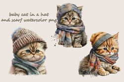 Baby Cat In A Hat And Scarf Watercolor Png