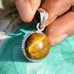 Tiger Eye Sterling Silver Pendent, Brown Gemstone Pendent, Round Stone Pendent, Natural Crystal Pendent Unique Jewelry