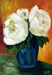 White Peony Painting Original Artwork Flowers Oil Painting White Floral Art Style Life Artwork Peony in Vase Painting