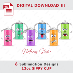 6 Funny Monsters Sublimation Designs - Seamless Sublimation Patterns - 12oz SIPPY CUP - Full Cup Wrap
