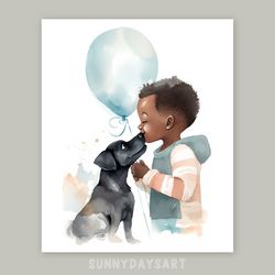 Cute black boy poster, black baby boy with puppy, nursery decor, printable, watercolor art, black boy with dog, blue art