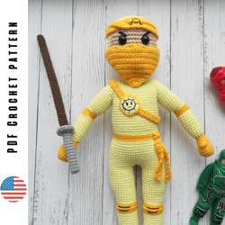 Crochet NINJA doll pattern, amigurumi toy dressed as ninja, digital PDF tutorial by CrochetToysForKids