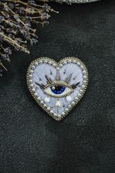 Evil Eye Pin | Witch Heart Brooch |Sacred heart pin| embroidery beaded heart pin| Magic heart brooch |Witchcraft Gift fo