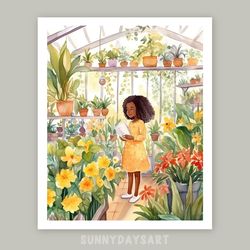 Cute black girl poster, black girl in the greenhouse, girl room decor, printable art, watercolor art, children room art