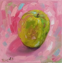 Green apple painting, Fruit still life oil painting, Small etude, Apple art, Original Fine Art