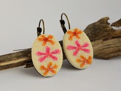 Orange pink flower embroidered earrings, Cross stitch floral jewelry, Handcrafted gift for girl