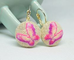 Pink butterfly embroidered earrings, Cross stitch nature jewelry, Handcrafted dainty gift for women