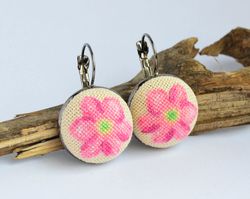 Embroidered earrings with pink flower, best gift for women, round floral jewelry with cross stitch