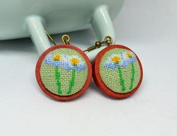 Chamomile embroidered earrings for woman, Cross stitch flower jewelry, White green handcrafted gift