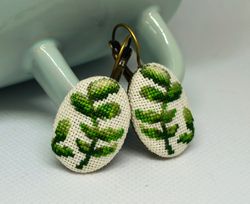 Branch earrings, Cross stitch plant jewelry, Handcrafted nature gift for women