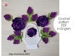 Crochet basket with flowers pattern  , crochet flower , Irish Crochet Applique PATTERN, Motif crochet pattern.