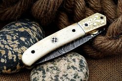 Hand Engraved Pocket Knife For Men, Groomsmen Damascus Folding Knife, Groomsmen gifts, Christmas Gift, Wedding Gifts