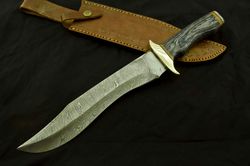CUSTOM MADE HAND FORGED DAMASCUS LARGE HUNTING/BOWIE KNIFE - PAKKA WOOD HANDLE
