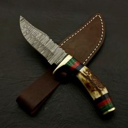 CUSTOM MADE HAND FORGED DAMASCUS 8" HUNTING/SKINNING KNIFE - STAG/ANTLER HANDLE