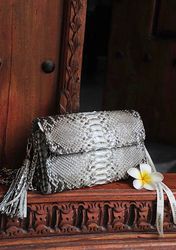 Genuine python skin classy gray flat clutch with shoulder chain | elegant evening women purse | designer leather bags |