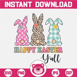 Happy Easter Y'all Bunny Rabbit Trio - Blush Floral, Leopard Cheetah, Plaid Stripes Clip Art Sublimation Design - INSTAN