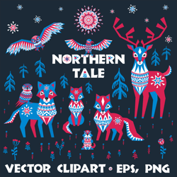 Northern tale | Arctic animals in Tribal style | Vector clipart