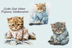 Cute Cat Wear Pijama Watercolor