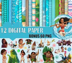 10 Moana Digital Paper, 60 Moana PNG Clipart, Digital Download