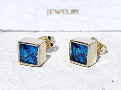 December Birthstone Jewelry - Blue Topaz Earrings - Square Earrings - Post Earrings - Square Studs - Simple Earrings