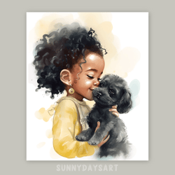Cute black girl poster, cute black baby girl with puppy, nursery decor, printable art, watercolor art for girl room