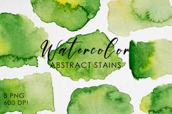 Watercolor Green Abstract Stains Clipart / Texture Background / Watercolor Green Spots Hand Drawn / PNG