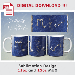 SCORPIO Zodiac Sign with Constellation Sublimation Pattern - 11oz 15oz MUG - Digital Mug Wrap