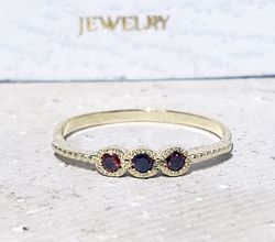 Garnet Ring - Triple Gemstones Ring - Stacking Ring - January Birthstone - Tiny Ring - Delicate Ring - Simple Ring