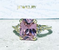 Rose Quartz Ring - October Birthstone - Statement Ring - Gold Ring - Engagement Ring - Rectangle Ring - Cocktail Ring