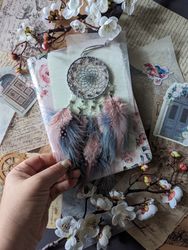 Handmade Small Gray Dreamcatcher with Blush Pink Feathers - Perfect Car Hanger & Mirror Charm with Starry Design