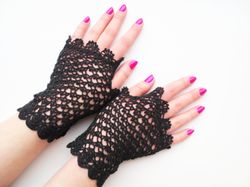 Gothic Wedding Lace Gloves Crochet Bridal Fingerless Gloves Women's Black Evening Lace Gloves Vintage Summer Gloves