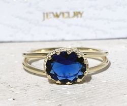 Blue Sapphire Ring - September Birthstone - Statement Ring - Gold Ring - Double Band Ring - Oval Crown Ring