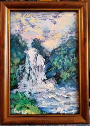 Waterfall Mountains Sunset Framed Original Art Oil Painting Artist Svinar Oksana